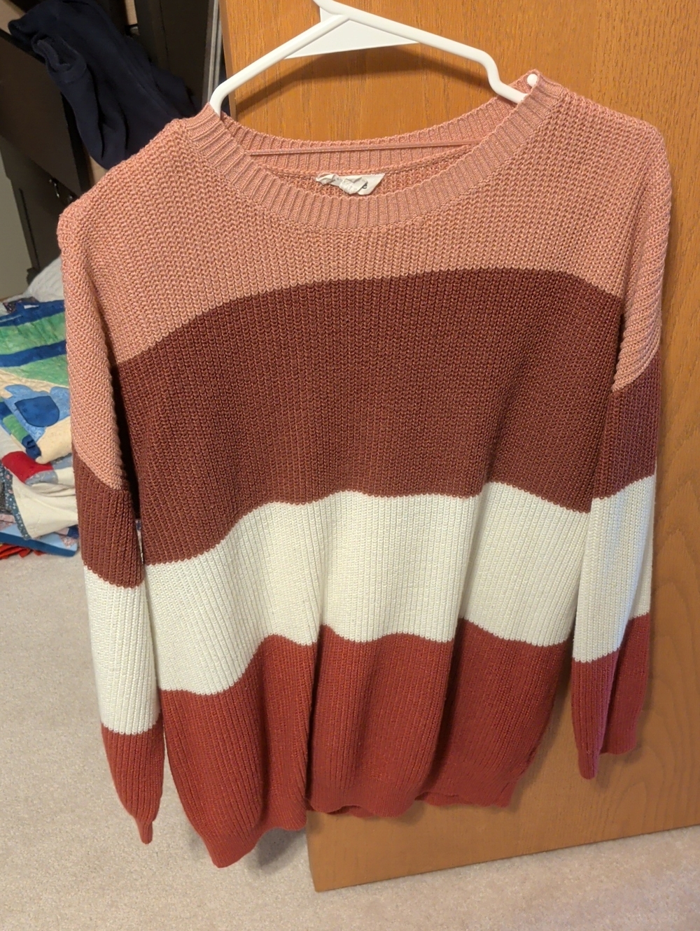 Colorblock Crewneck Sweater in Pink, Brown & Cream